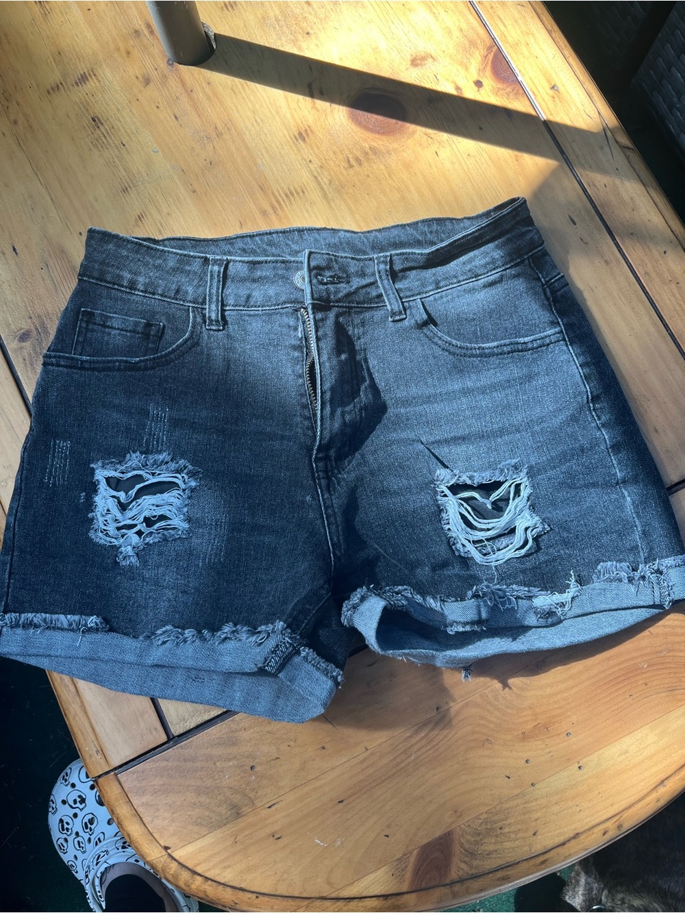 Black Washed Distressed Rolled Cuff Denim Shorts